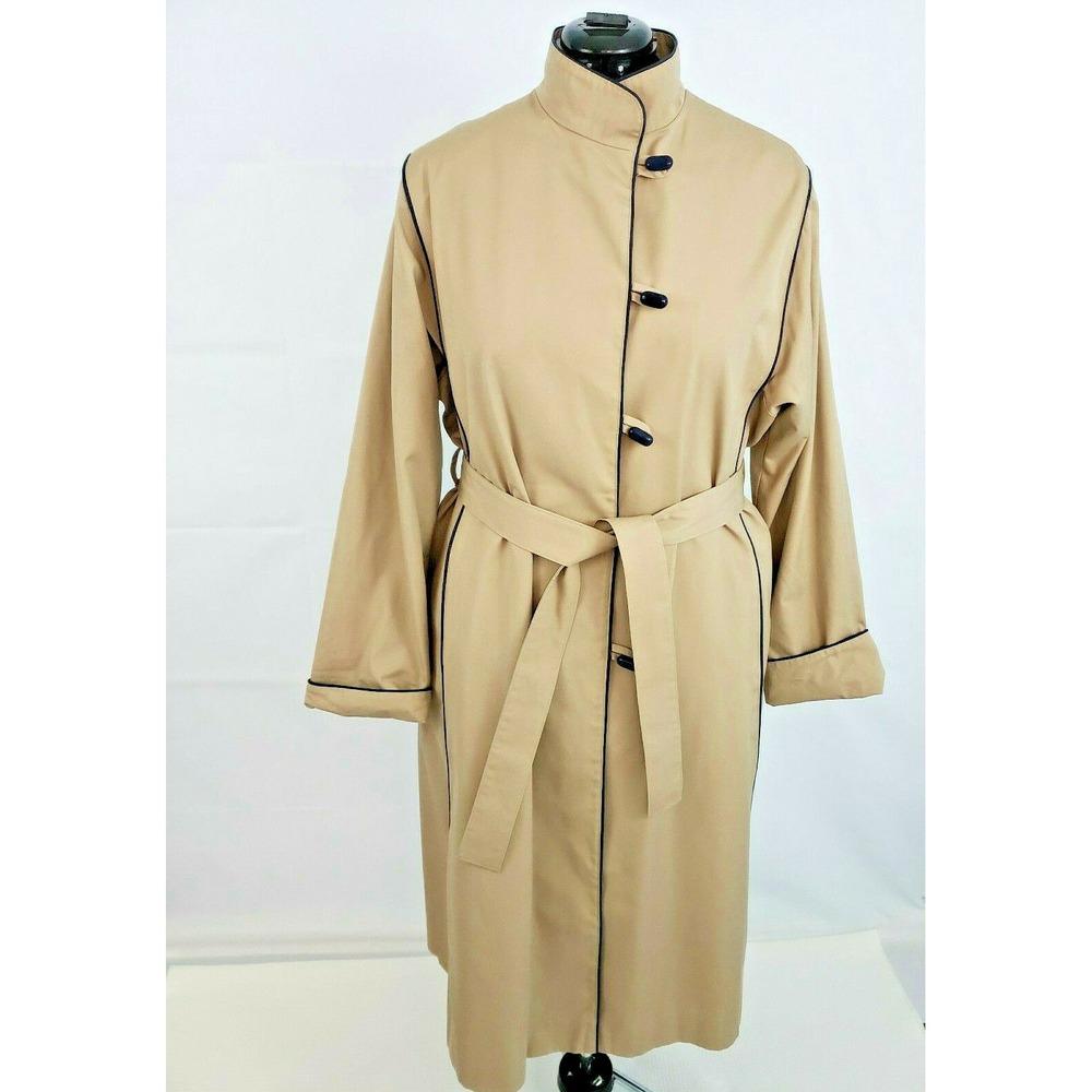 Vtg 1980s Sears Standing Collar‎ Full Length Tan Belted Trench Coat size 18 L81